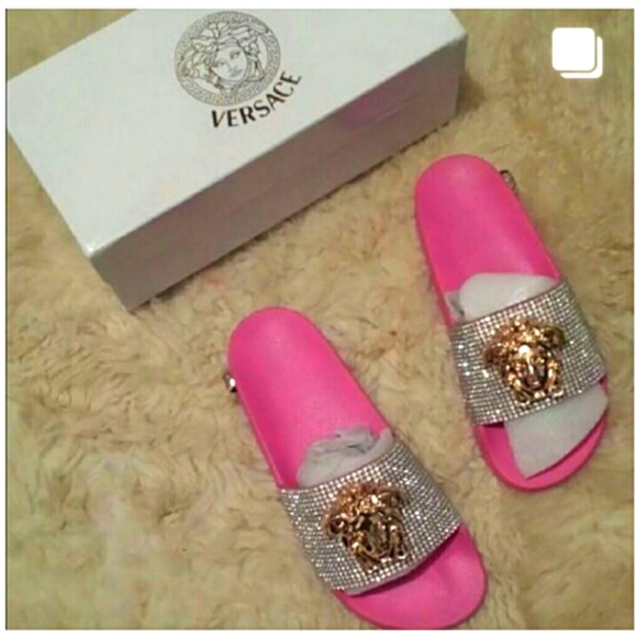 pink versace slides with rhinestones